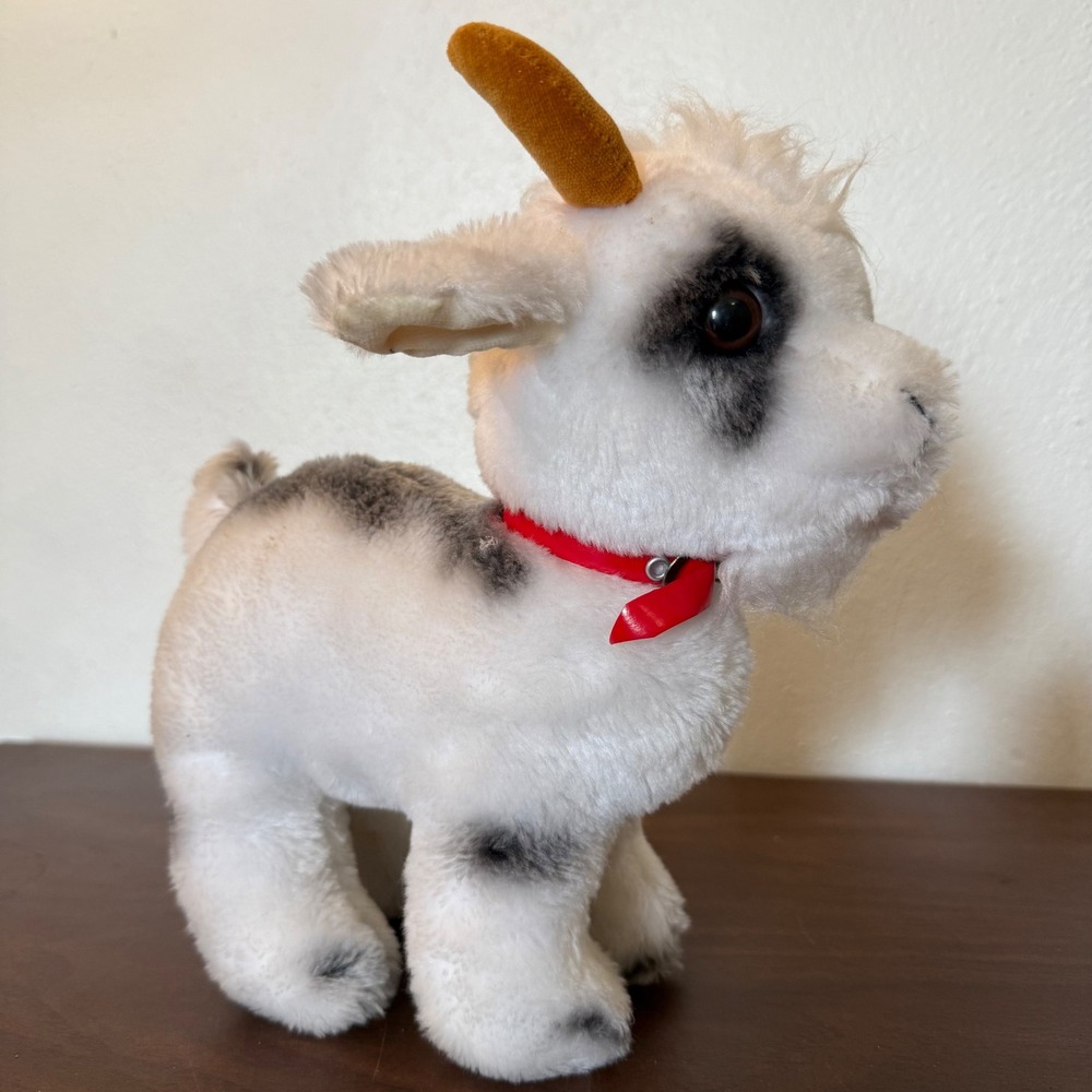 Vintage R Dakin & Co White Grey Spotted Goat Plush Stuffed Animal Red Collar 9"